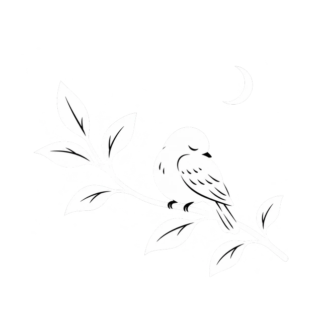 A bird resting on a leafy branch beneath the moon
