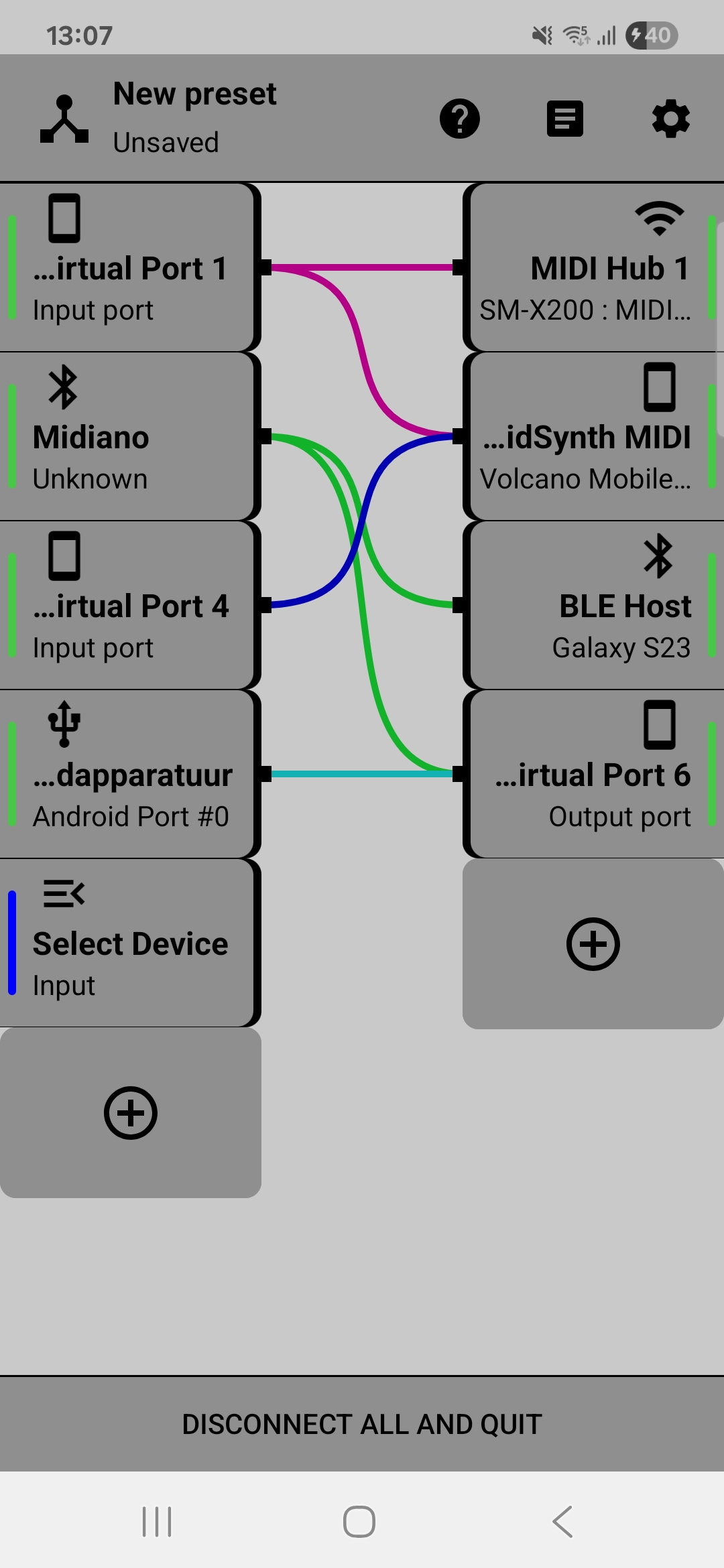 MIDIHub app showing connected devices and routing